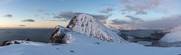 Panorama from the top, looking towards Sørtinden (the large peak) and the fishing village of Tromvik far below