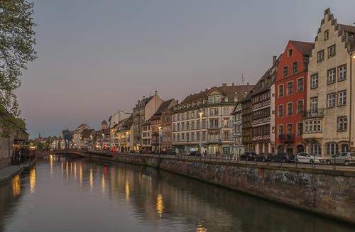 One of the canals in Strasbourg in the late evening