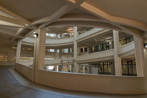 The spiral ramp that leads up to the test track on the roof