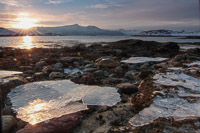 Ice on the beach, catching the sunset