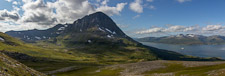 Panorama of the view from the ridge, with the northbound Hurtigruten on its way to Tromsø