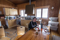 Breakfast at Abiskojaure - note the Easter decorations in the background :) to the right recycling bins, you can actually leave your rubbish behind in the Swedish cabins!