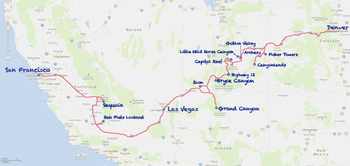 Overview of our trip from Denver to San Francisco - there will be separate blog posts for every blue dot on the map :)