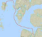 Map of our route to Sandøya, the place we camped indicated with a blue star, and in green our route to the top of the island