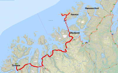 Our route to Sørøya from Tromsø. We could only drive the roads indicated in red on the island, so we actually only saw a small part of Sørøya!