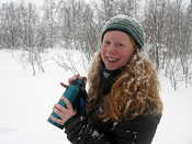 In the middle of the snow shower, taking a much needed break to drink some water